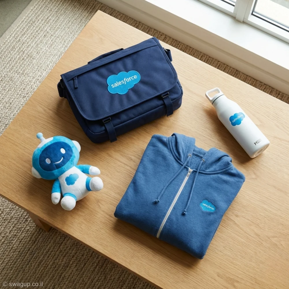 קיט קהילה וזהות צוות ממותג הכולל תיק צד כחול, קפוצ'ון עם רוכסן ובקבוק שתייה לבן על רקע לבן.