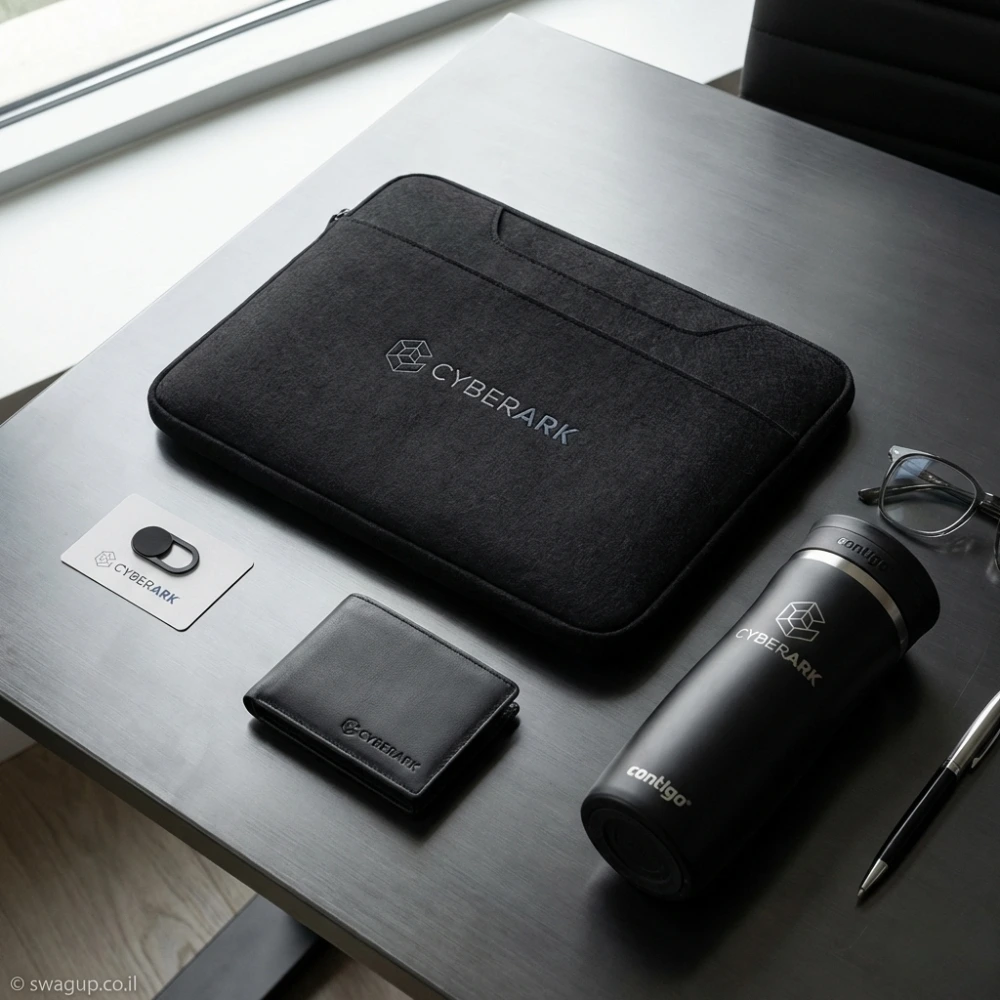 קיט מיתוג מינימליסטי יוקרתי בשחור הכולל כיסוי למחשב נייד, כוס תרמית, ארנק וכיסוי מצלמה על שולחן משרדי.