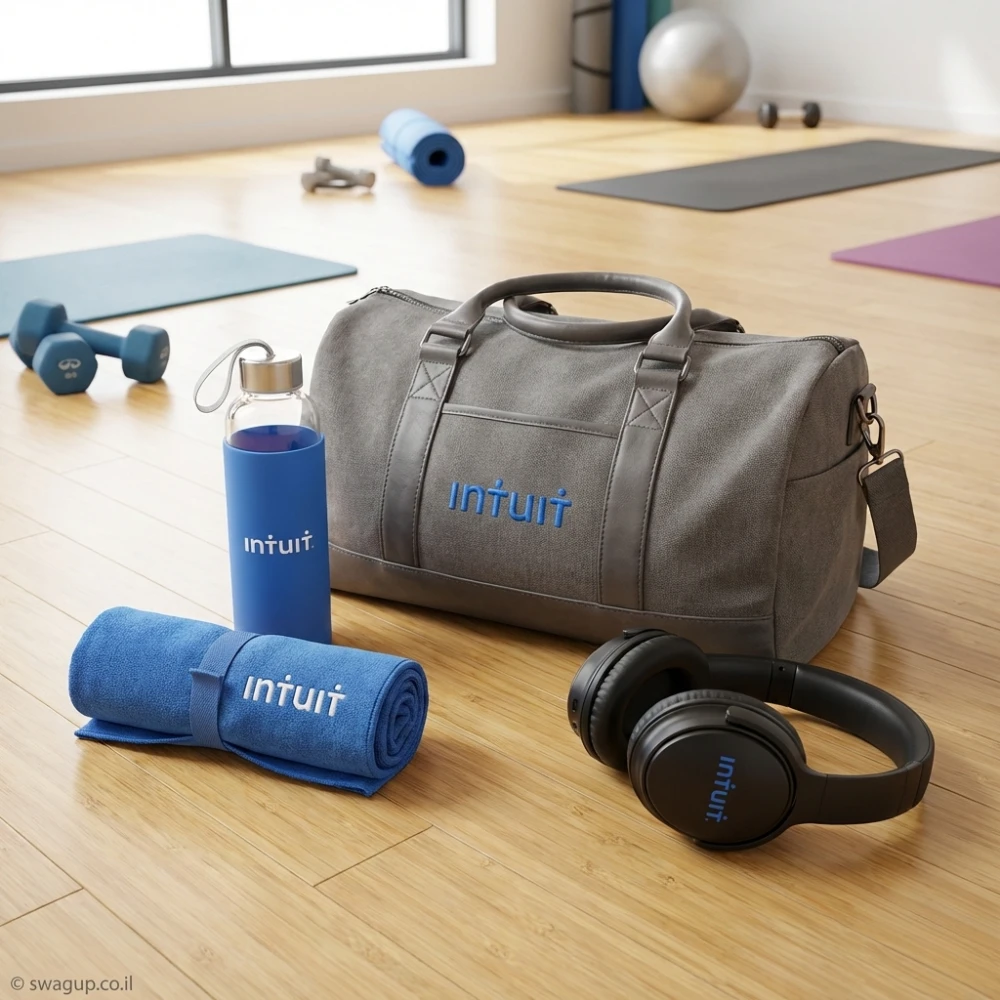 קיט Wellness ממותג לעובדים הכולל תיק ספורט אפור, אוזניות אלחוטיות, בקבוק שתייה מזכוכית ומגבת אימון.