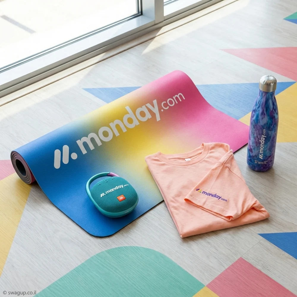 קיט ספורט ואנרגיה ממותג לעובדים הכולל מזרן יוגה צבעוני, רמקול בלוטות' נייד, חולצת טי ובקבוק שתייה מעוצב.