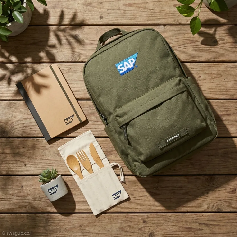 קיט מיתוג אקולוגי לעובדים הכולל תיק גב ירוק, מחברת מעוצבת, סט סכו"ם מבמבוק ועציץ סוקולנט קטן על רקע עץ.