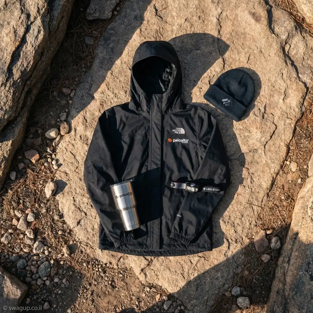 קיט טיולים ומגלים ממותג הכולל מעיל גשם שחור, כובע גרב, כוס תרמית ופנס ראש על רקע סלעים בטבע.