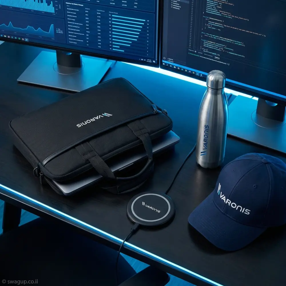 קיט מיתוג של חברת Varonis הכולל תיק מחשב שחור, בקבוק שתייה כסוף, מטען אלחוטי וכובע כחול על שולחן עבודה מודרני עם מסכי קוד.