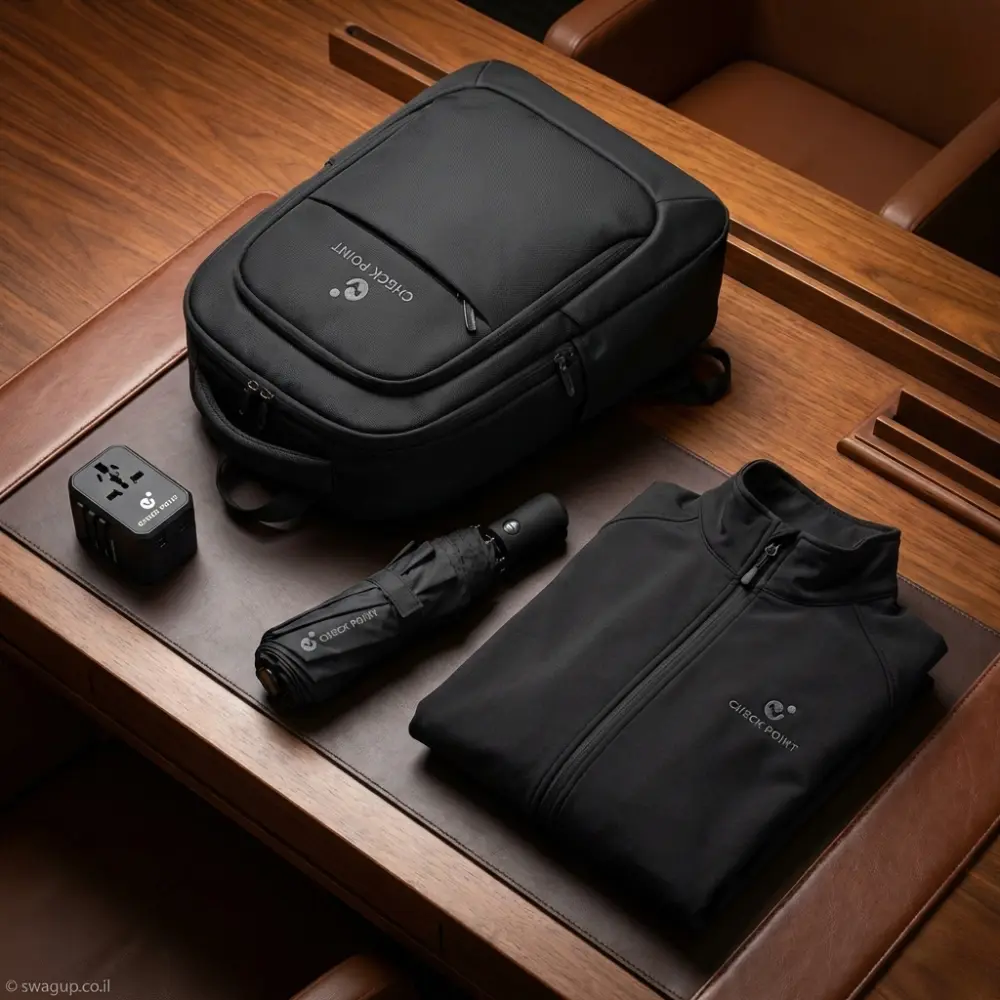 קיט מיתוג של חברת Check Point הכולל ג'קט סופטשל שחור, תיק גב, מטרייה ומתאם שקעים על שולחן משרדי יוקרתי מעץ.