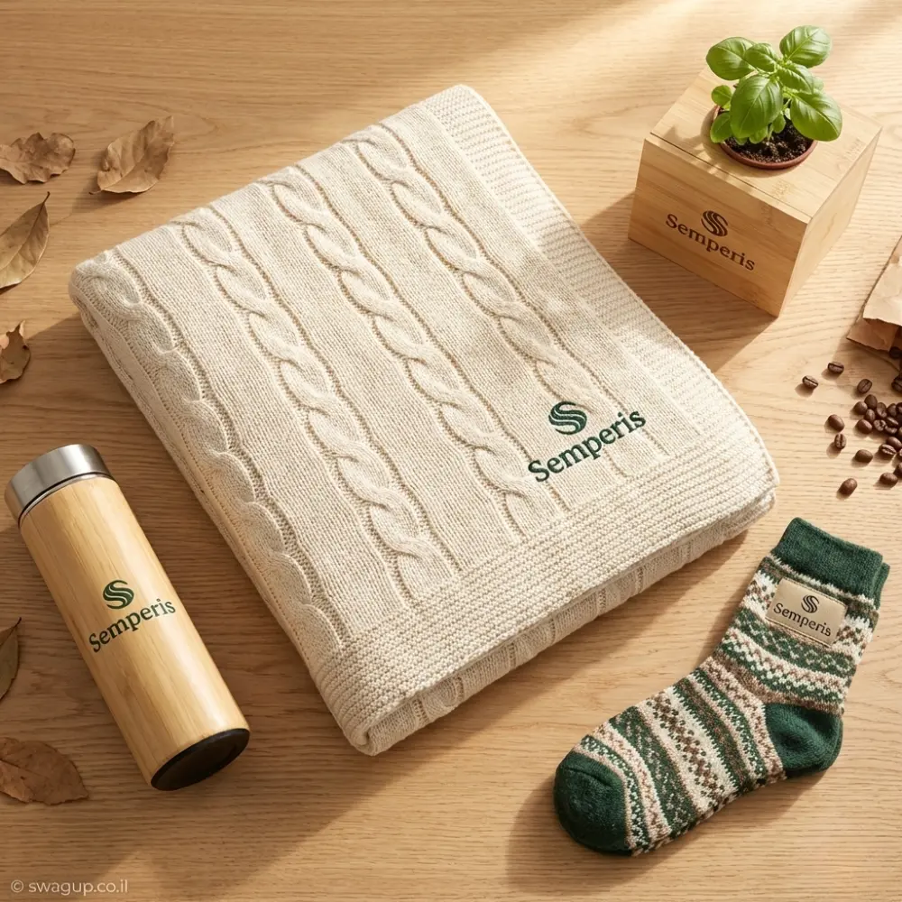 מארז מתנה יוקרתי של Semperis הכולל כרבולית סרוגה בצבע קרם, בקבוק שתייה עם חיפוי במבוק, עציץ סוקולנט בתיבת עץ וגרביים מעוצבים על שולחן עץ.