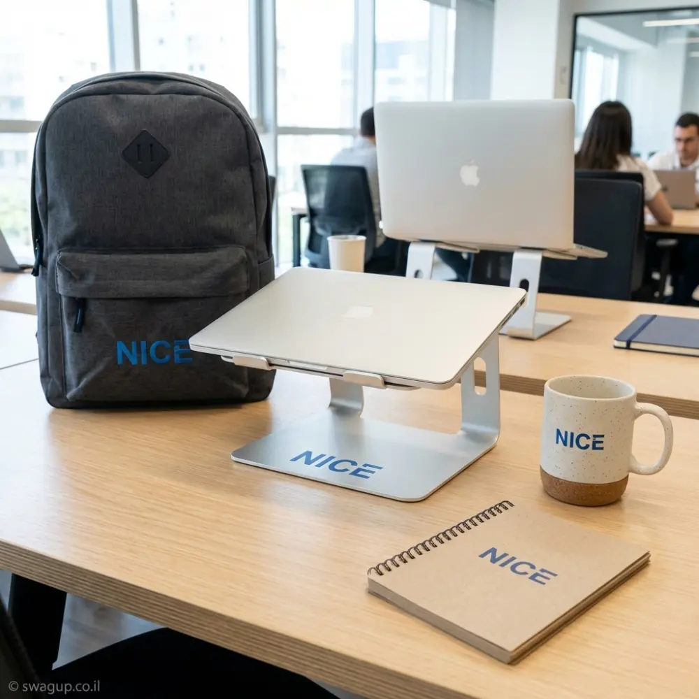 קיט מיתוג יוקרתי של חברת NICE הכולל תיק גב אפור, מעמד למחשב נייד מאלומיניום, ספל קרמי עם בסיס שעם ומחברת ספירלה על שולחן משרדי.