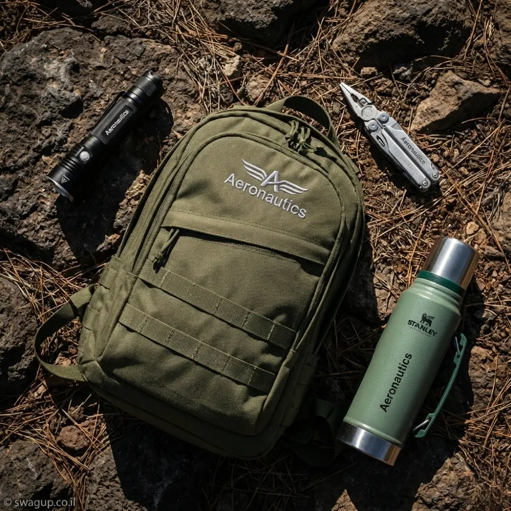 The Tactical Mission Pack: מארז מיתוג עוצמתי הכולל תיק גב טקטי, תרמוס איכותי, פנס עוצמתי ומולטי-טול. הציוד המושלם למוכנות מלאה וביצועים בשטח. היכנסו לצפייה בקיט של SwagUp.