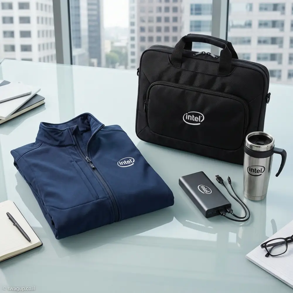 קיט מיתוג פרימיום של אינטל הכולל ג'קט סופטשל כחול, תיק למחשב נייד שחור, סוללת גיבוי וכוס תרמית על שולחן משרדי עם נוף לעיר.