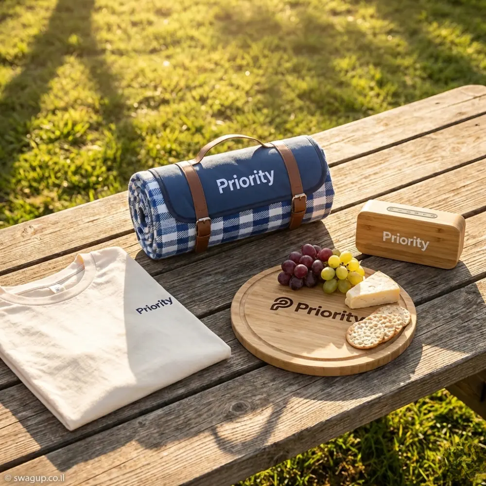 קיט מיתוג של חברת Priority הכולל כרבולית פיקניק משובצת, רמקול עץ, קרש הגשה עם גבינות וחולצה על שולחן פיקניק מעץ בשמש.