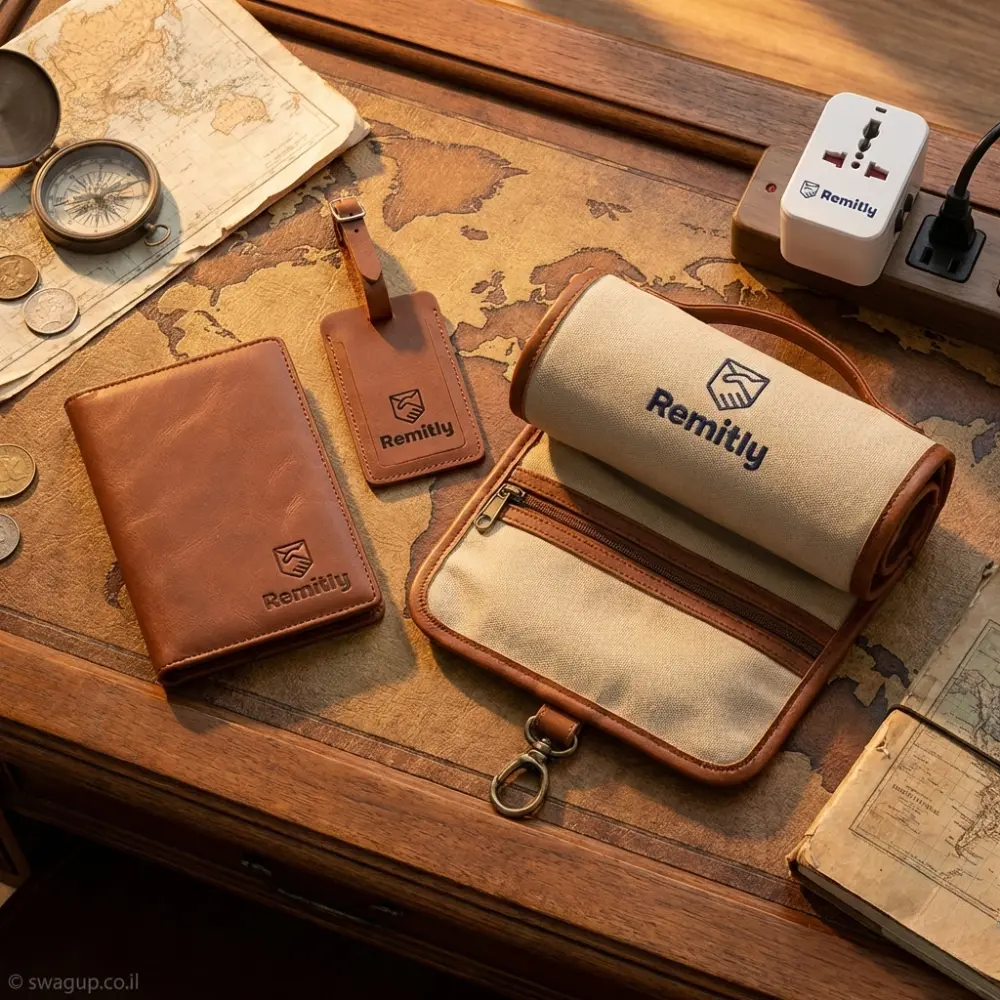 קיט נסיעות יוקרתי של Remitly הכולל נרתיק דרכון חום, תג מזוודה, ארגונית מגולגלת ומתאם שקעים על שולחן עץ עם מפת עולם וצילום וינטג'.