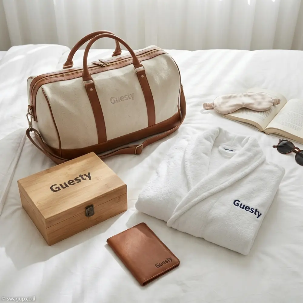 קיט מיתוג יוקרתי של חברת Guesty הכולל תיק נסיעות חום-לבן, חלוק רחצה לבן, קופסת עץ וכיסוי דרכון על מיטה לבנה בחדר מלון.
