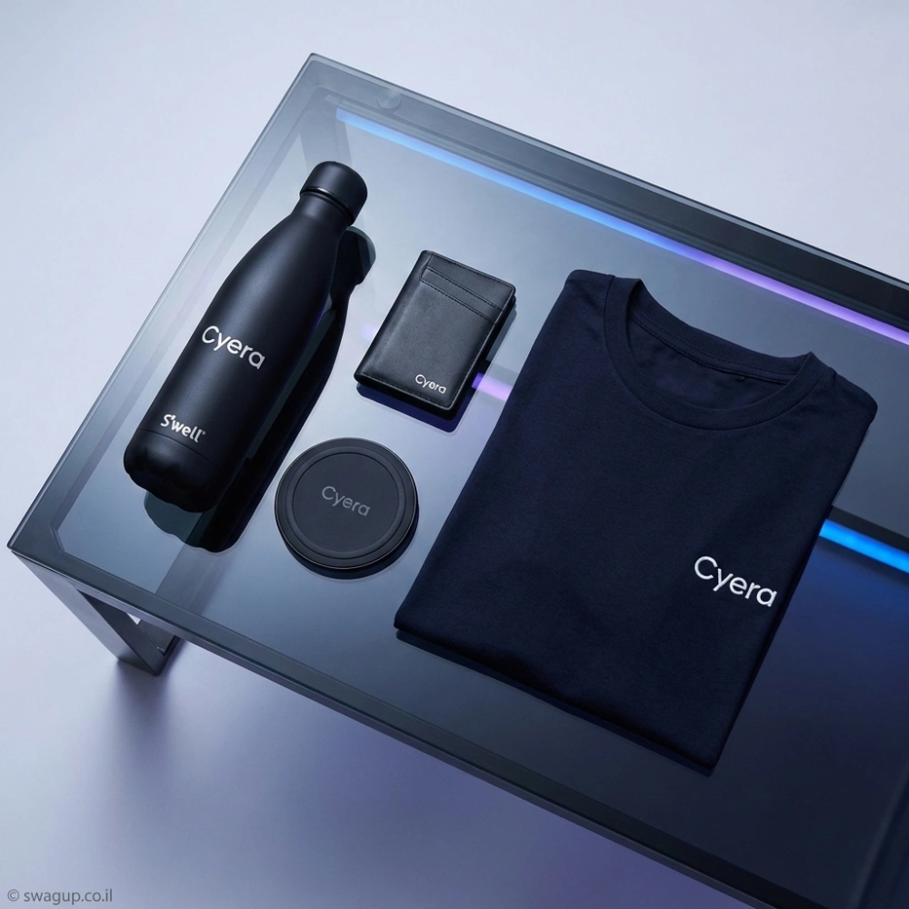 קיט מיתוג פרימיום בשחור הכולל חולצת טי, בקבוק שתייה תרמי, ארנק כרטיסים ומטען אלחוטי על שולחן זכוכית עם תאורת לד.