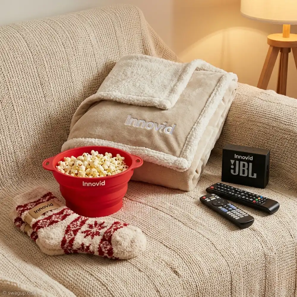 קיט צפייה ביתי ממותג של Innovid הכולל כרבולית שרפה קרם, קערת פופקורן אדומה, רמקול JBL שחור וגרבי צמר על ספה סרוגה.