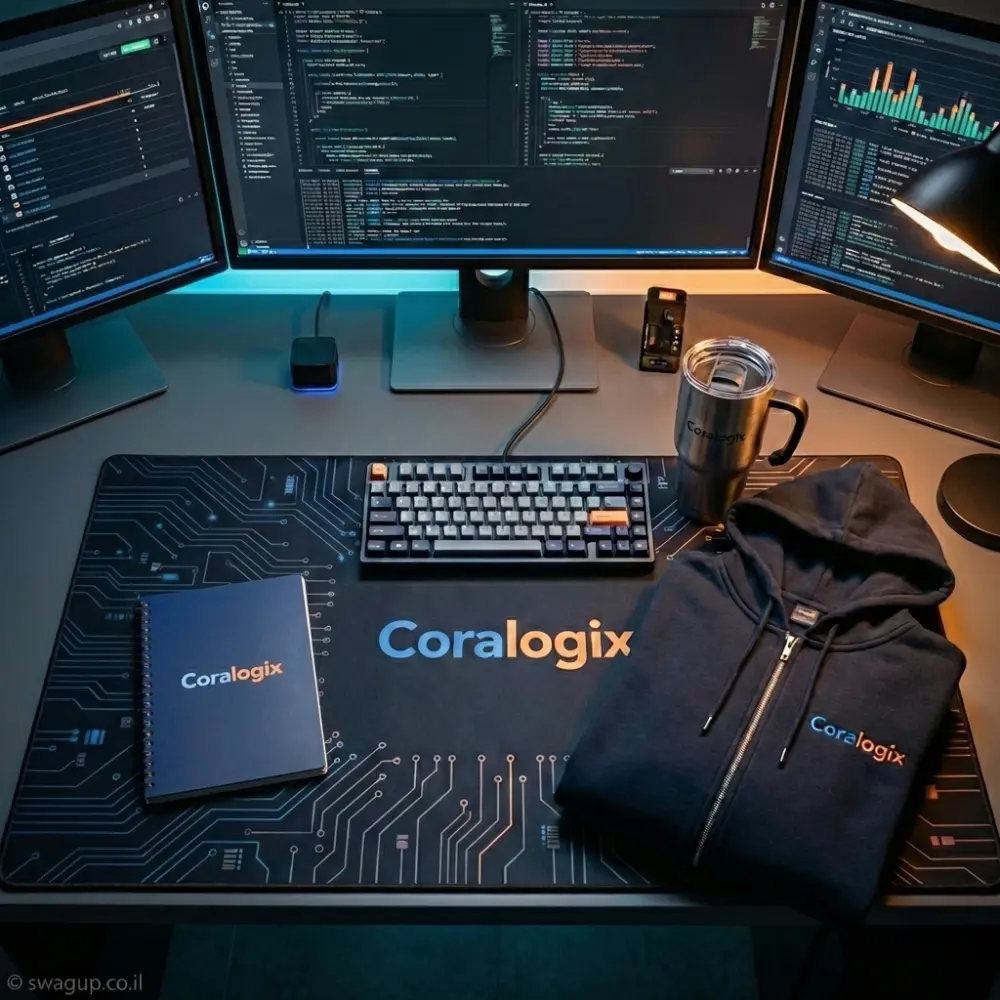 קיט מיתוג של חברת Coralogix הכולל קפוצ'ון רוכסן שחור, משטח עבודה XL עם דפוס מעגלים, כוס תרמית כסופה ומחברת כחולה על שולחן עם שלושה מסכים.