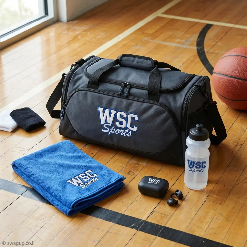 קיט ספורט וביצועים ממותג לעובדים הכולל תיק אימון אפור, מגבת כחולה, אוזניות אלחוטיות ובקבוק שתייה על רצפת פרקט של אולם כדורסל.