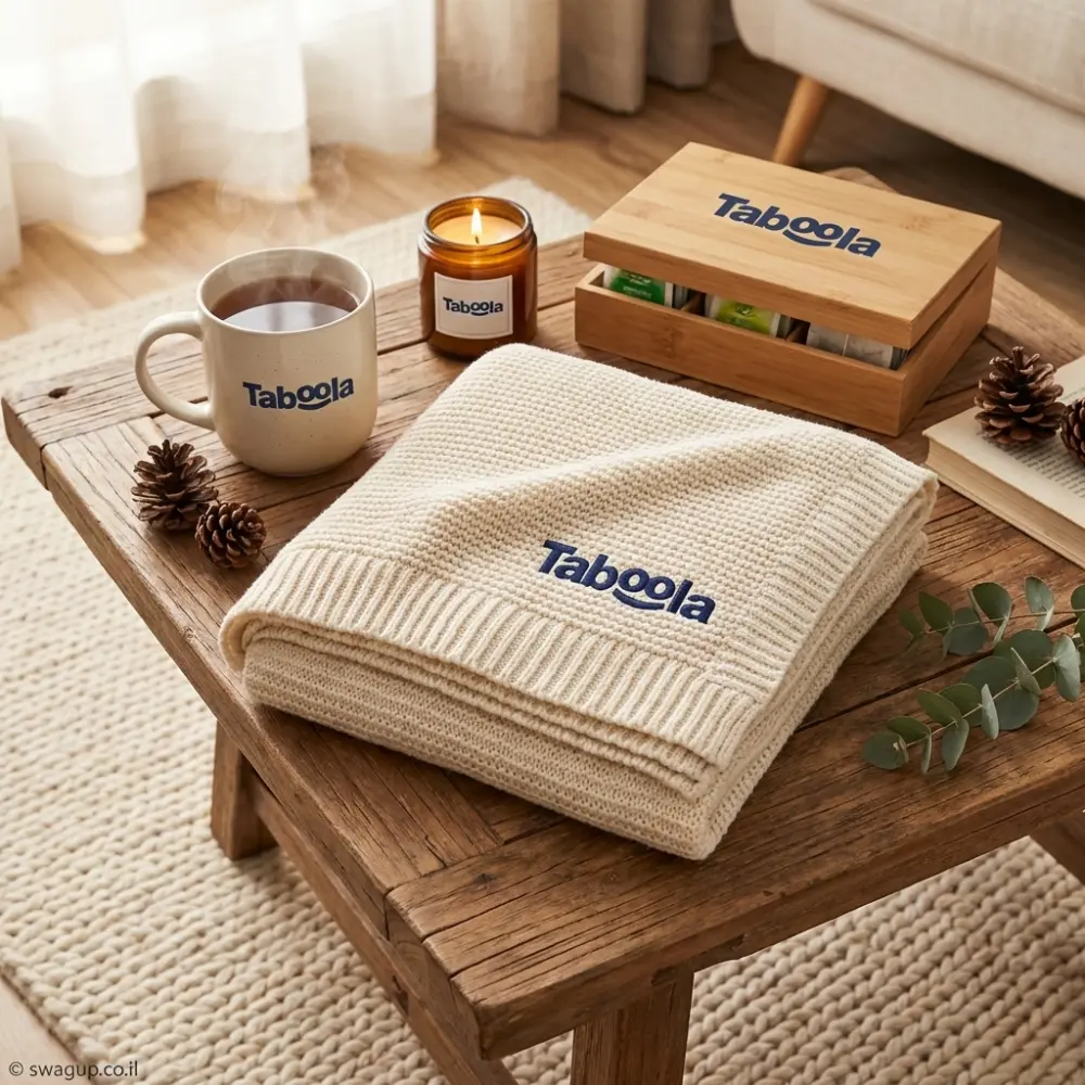 קיט פינוק ביתי ממותג הכולל כרבולית סרוגה בצבע קרם, ספל, נר ריחני וקופסת במבוק על שולחן עץ כפרי עם אצטרובלים.