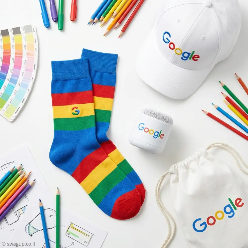 קיט מיתוג יצירתי וצבעוני לעובדים הכולל גרביים מפוספסים, כובע מצחייה לבן, רמקול נייד ותיק שרוך על רקע כלי כתיבה וסקיצות עיצוב.