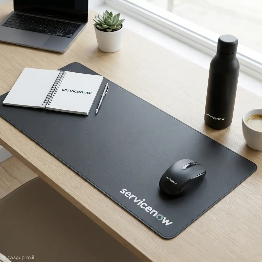 קיט מיתוג יוקרתי לשולחן עבודה הכולל משטח עבודה רחב, עכבר אלחוטי, מחברת ספירלה ובקבוק שתייה שחור על שולחן עץ.