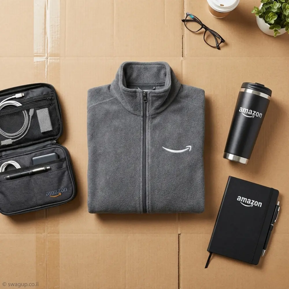 קיט מיתוג אסטרטגי למנהלים הכולל וסט פליז אפור, נרתיק אביזרים טכנולוגי, מחברת שחורה וכוס תרמית על רקע קרטון.