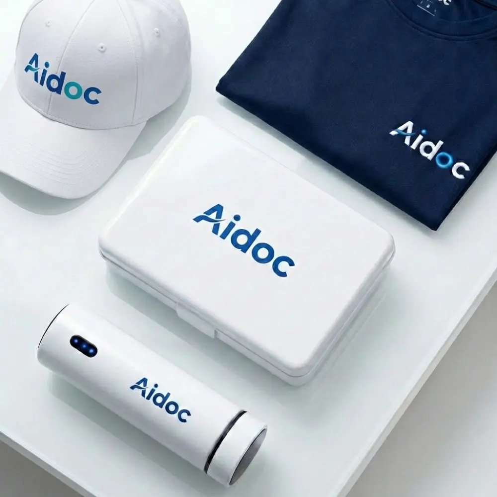 קיט מיתוג של Aidoc הכולל כובע לבן, קופסת אוכל, בקבוק וחולצה כחולה.