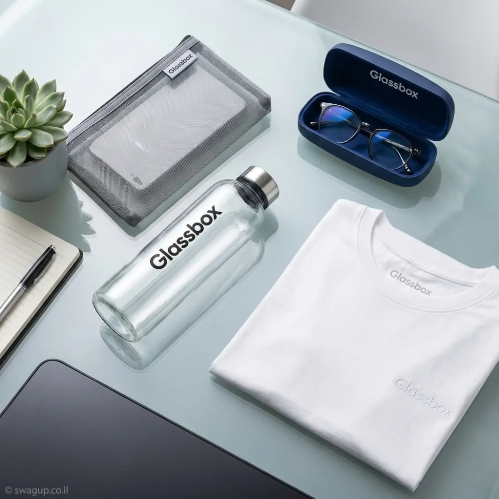 קיט מיתוג של חברת Glassbox הכולל חולצת טי לבנה, בקבוק זכוכית שקוף, נרתיק משקפיים כחול ונרתיק רשת על שולחן עבודה עם עציץ סוקולנט.