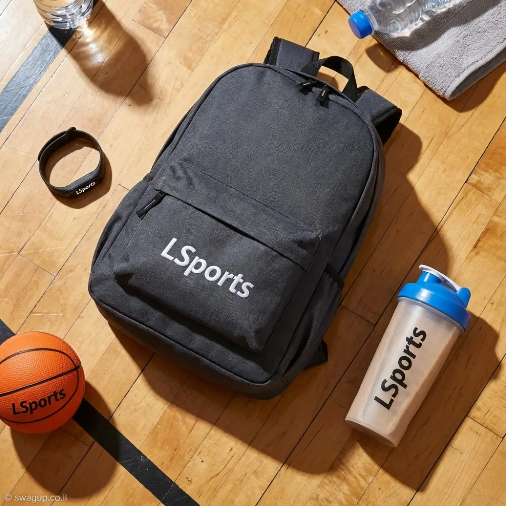 קיט כושר וספורט ממותג הכולל תיק גב אפור, כדורסל, צמיד כושר ושייקר על רצפת פרקט של אולם ספורט.